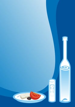 Ouzo glass and bottle with Greek snack