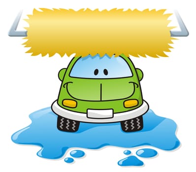 Cartoon car washing with roller brush and water splash