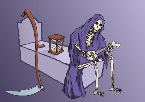 Grim reaper resting playing music hourglass and skythe