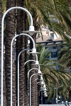 series of street lamps lit up at night