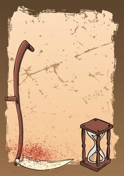 Death tools, scythe and hourglass on blood stained old paper