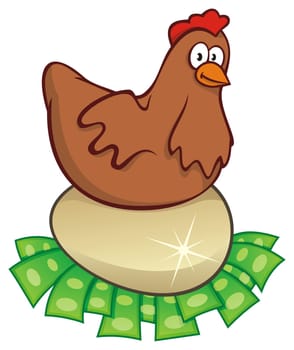 Hen sitting on golden egg hatching money