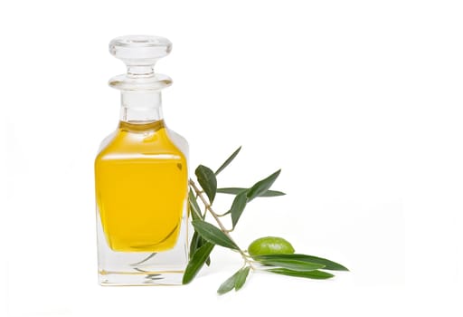 Virgin olive oil and olives isolated on a white background.