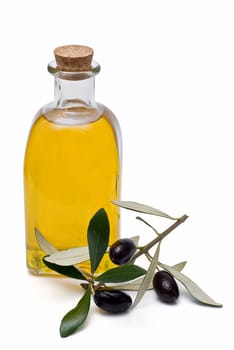 Virgin olive oil and olives isolated on a white background.