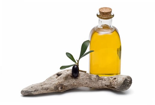 Virgin olive oil and olives isolated on a white background.