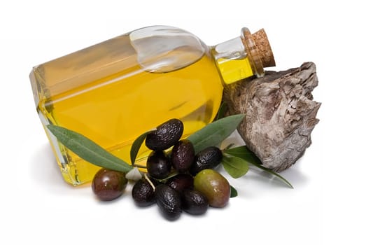 Virgin olive oil and olives isolated on a white background.