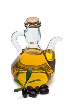 Virgin olive oil and olives isolated on a white background.