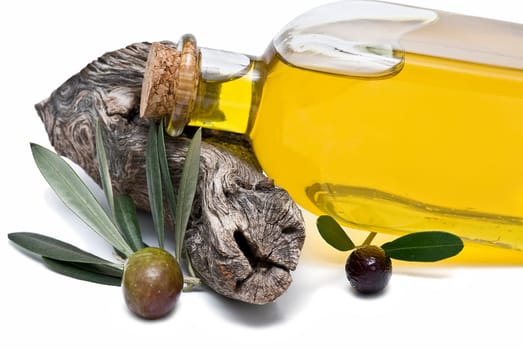 Virgin olive oil and olives isolated on a white background.