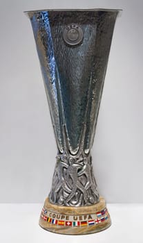VALENCIA, SPAIN - AUGUST 23:UEFA Champions League Trophy Tour 2004 in Valencia, Spain August 23,2011.The UEFA Cup - trophy awarded annually by UEFA to the football club that wins the UEFA Europa League