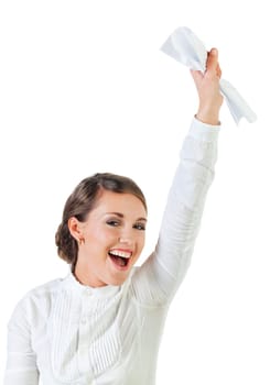 Happy young businesswoman raises her hand with a document