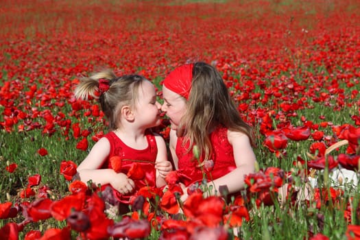 little girls sitting in summer poppy field