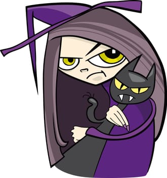 cartoon illustration of funny witch with black cat