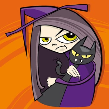 cartoon illustration of funny witch with black cat