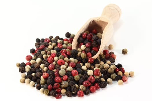 Colorful pepper with small scoop against white background