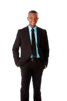 Happy handsome successful executive corporate business man manager foreman standing with hands in pocket, isolated.