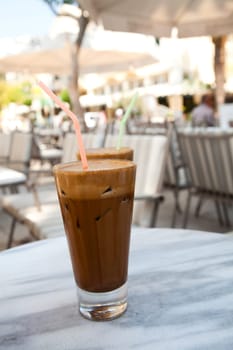 Frappes on a cafe table in Kefalonia, Greece