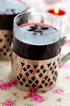 Close-up of mulled wine with spices for Christmas