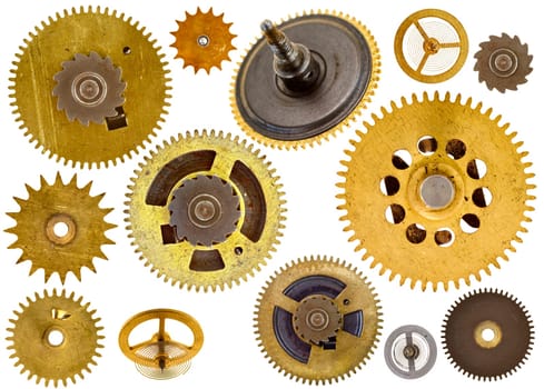 Collection of various old cogwheels - gears - on white background