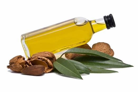 Almonds and a bottle of almond oil isolated over a white background.