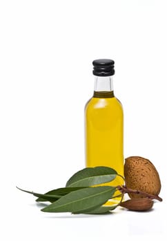 Almonds and a bottle of almond oil isolated over a white background.