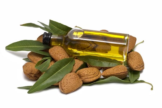 Almonds and a bottle of almond oil isolated over a white background.