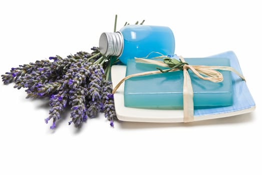 Lavender and hygiene items made of lavender isolated on a white background.