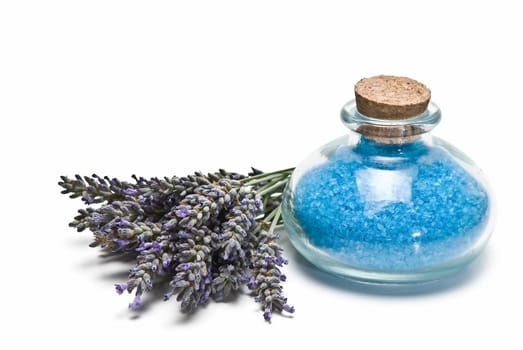 Lavender and hygiene items made of lavender isolated on a white background.