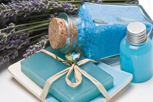 Still life with lavender and bath items.