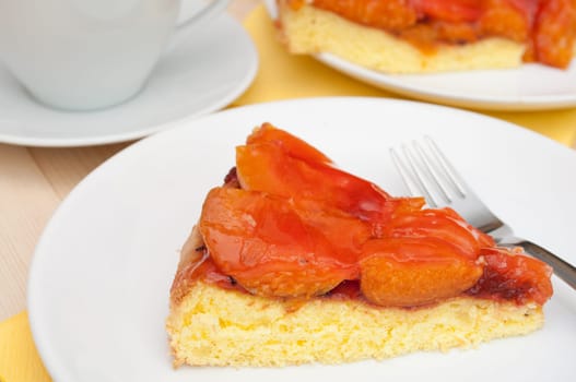 Homemade Dessert -  Cake With Apricots and Jelly and Espresso Coffee
