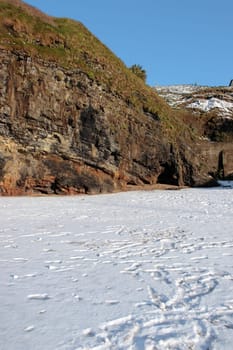 an empty rocky beach and cliffs on a cold winters day