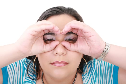 Young woman looking through imaginary binocular