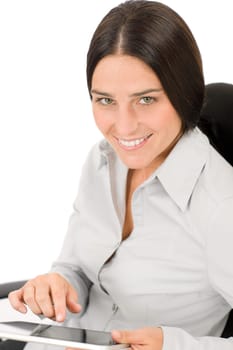 Attractive businesswoman holding touch tablet screen computer typing close-up portrait