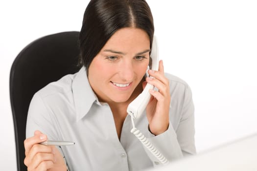 Smiling businesswoman attractive calling on phone close-up portrait