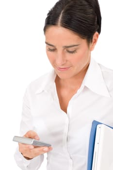 Attractive businesswoman thoughtful holding phone close-up portrait