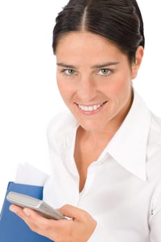 Attractive businesswoman smiling holding phone close-up portrait