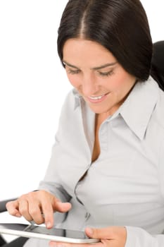 Attractive businesswoman holding touch tablet screen computer typing close-up portrait