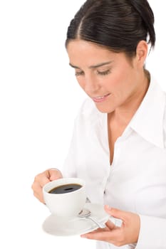 Attractive businesswoman smiling holding coffee cup close-up portrait