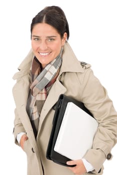 Autumn fashion pretty businesswoman portrait hold briefcase smiling