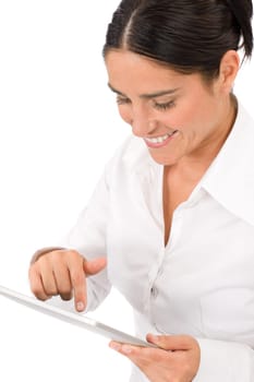 Attractive businesswoman holding touch tablet screen computer typing close-up portrait