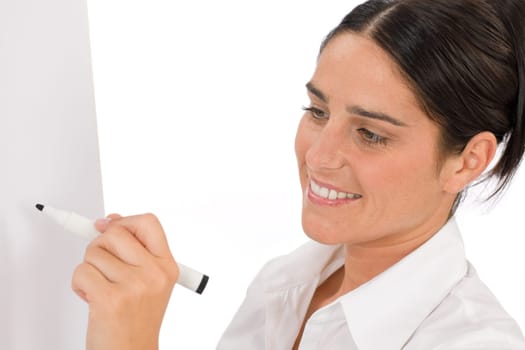 Happy businesswoman writing at empty flip chart on white