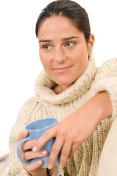 Winter portrait happy woman with coffee cup wear pullover
