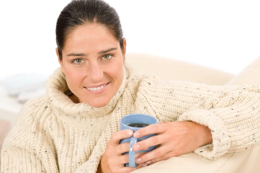 Winter portrait happy woman with coffee cup wear pullover