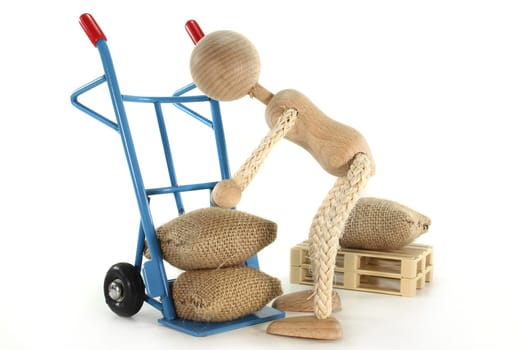 a sack truck loaded with jute sacks