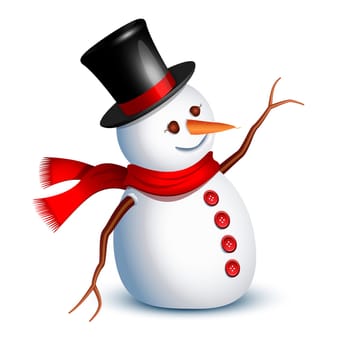 Happy snowman greeting with an arm