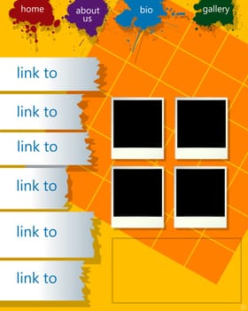 Conceptual web page layout with photoframes and paint drops, abstract art