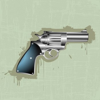 Image shows a hand gun, pistol over a grunge stripped background
