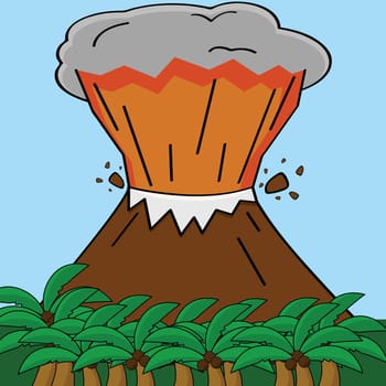 Cartoon illustration showing an erupting volcano in a tropical island