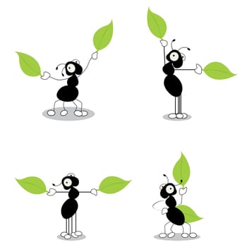 Directing traffic, conceptual cartoon action characters of ants dirrecting traffic with leaves. Isolated and grouped objects over white background.
