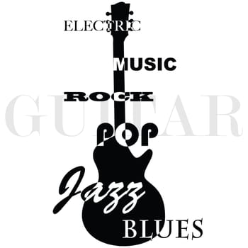 Concept illustration showing the outline of an electric guitar with the music genres written over it