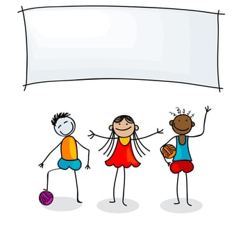 Multiracial happy childrens and a banner for text, isolated objects over white background